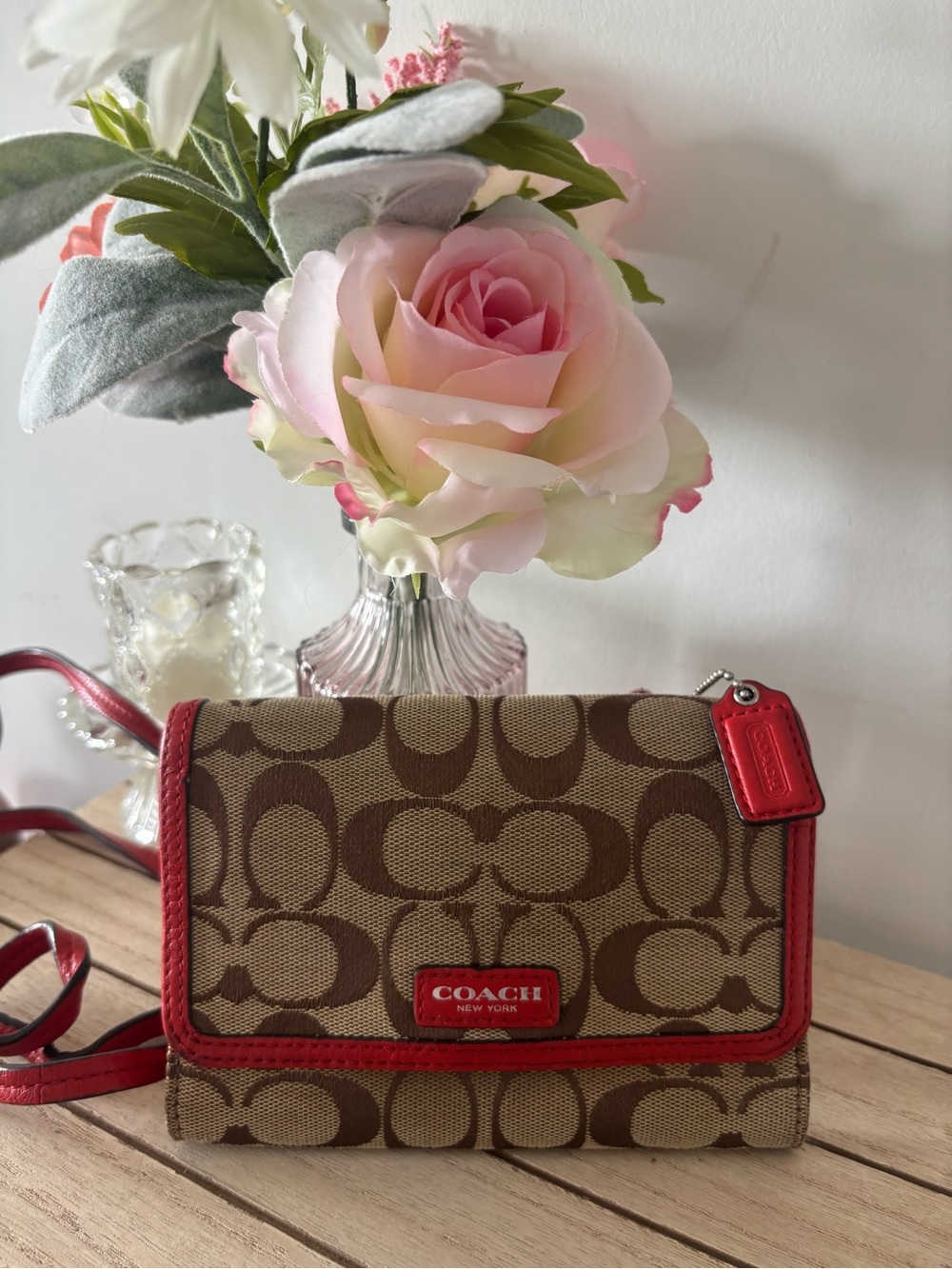 Coach Khaki Signature Canvas Crossbody with Red Trim